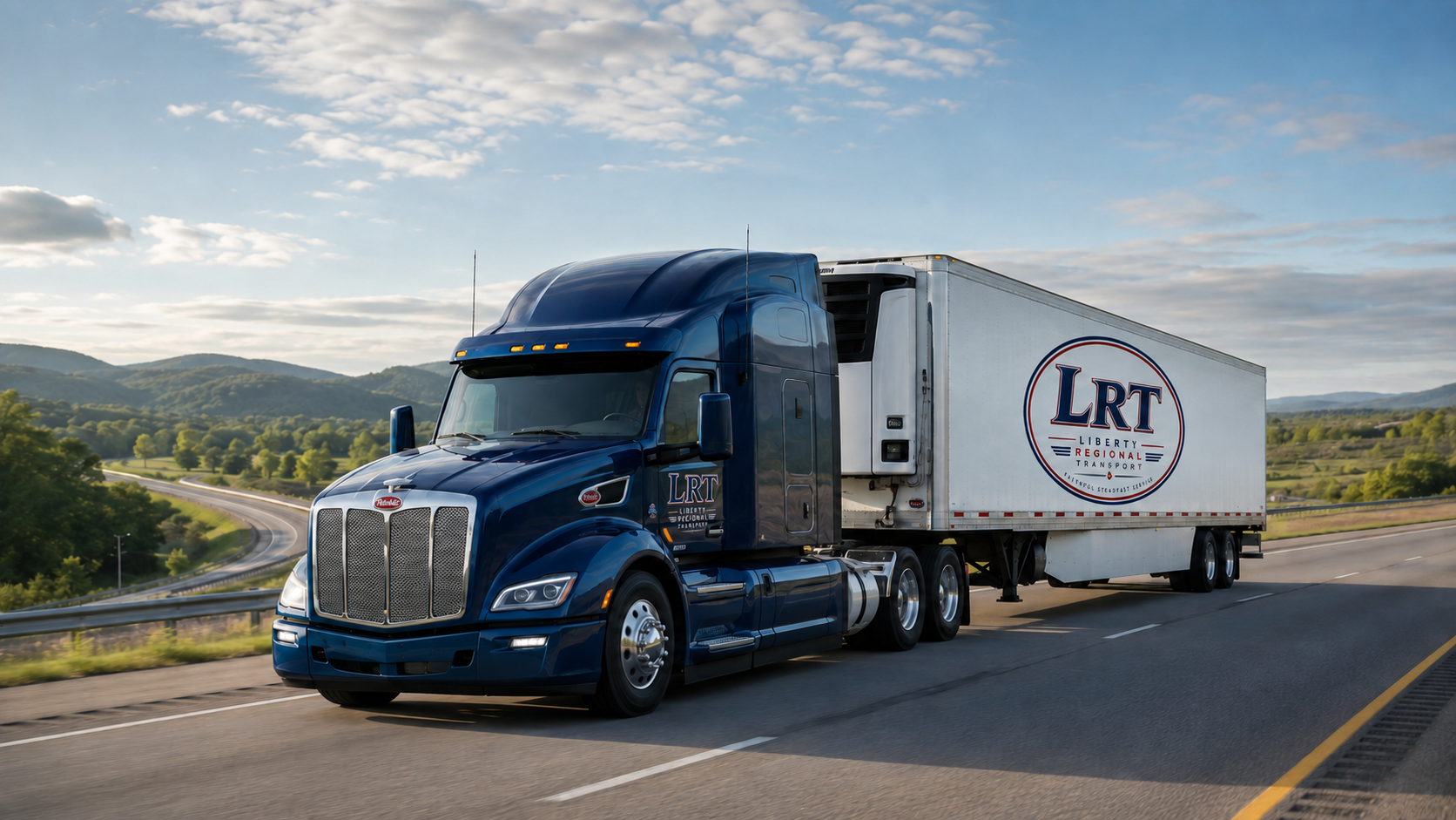 Liberty Regional Transport Peterbilt 579 with LRT door lettering and Utility refrigerated trailer traveling a scenic highway